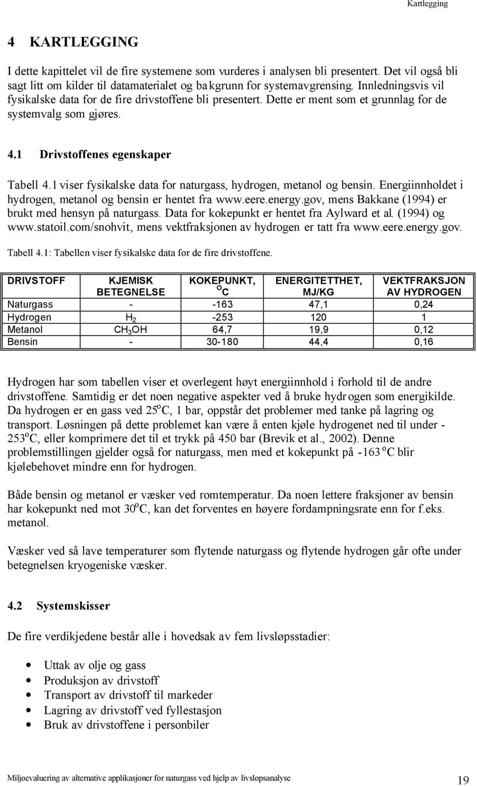 1 viser fysikalske data for naturgass, hydrogen, metanol og bensin. Energiinnholdet i hydrogen, metanol og bensin er hentet fra www.eere.energy.