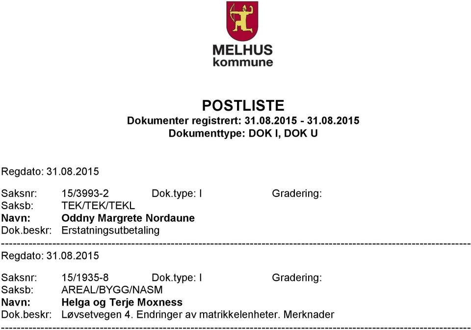 Dok.beskr: Erstatningsutbetaling Saksnr: 15/1935-8 Dok.