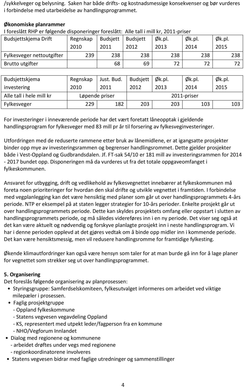 pl. 2015 Fylkesveger nettoutgifter 239 238 238 238 238 238 Brutto utgifter 68 69 72 72 72 Budsjettskjema investering Regnskap 2010 Just. Bud. 2011 Budsjett 2012 Øk.pl. 2013 Øk.pl. 2014 Alle tall i hele mill kr Løpende priser 2011-priser Øk.