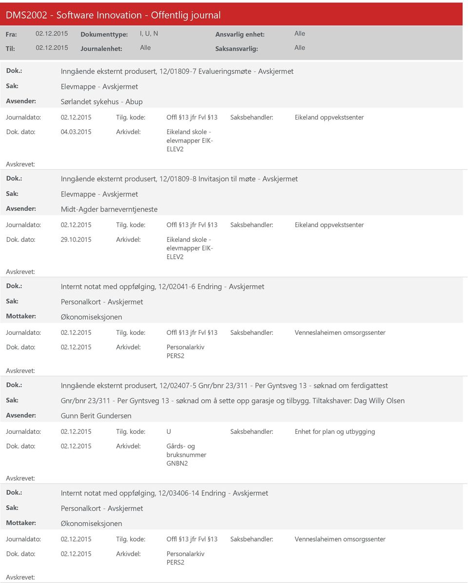 2015 Eikeland skole - elevmapper EIK- ELEV2 Internt notat med oppfølging, 12/02041-6 Endring - Personalkort - Venneslaheimen omsorgssenter Inngående eksternt produsert, 12/02407-5 Gnr/bnr 23/311 -