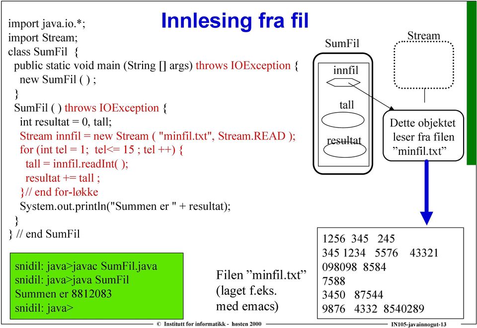 = new Stream ( "minfil.txt", Stream.READ ); for (int tel = 1; tel<= 15 ; tel ++) { tall = innfil.readint( ); resultat += tall ; // end for-løkke System.out.