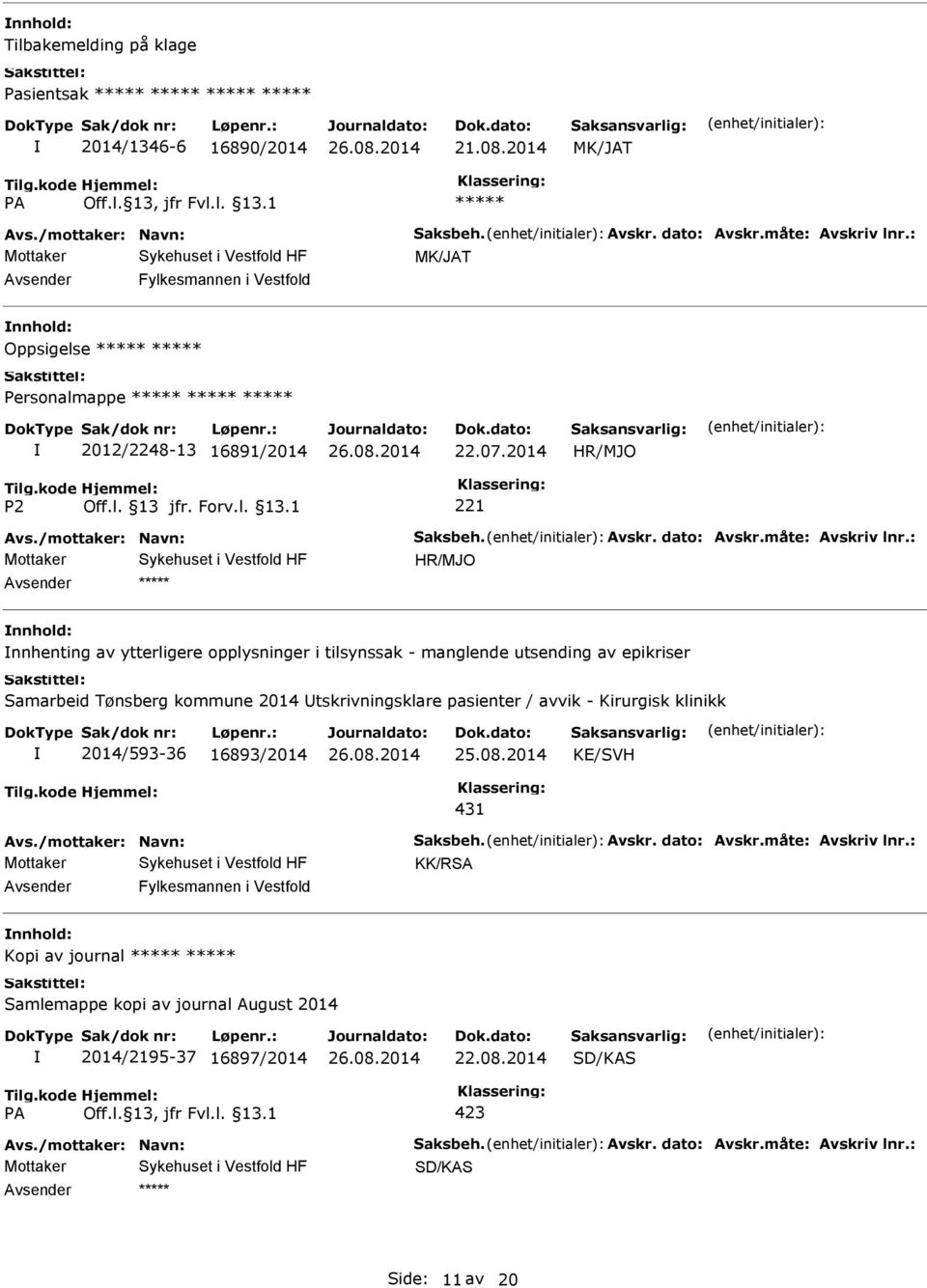 : nnhenting av ytterligere opplysninger i tilsynssak - manglende utsending av epikriser Samarbeid Tønsberg kommune 2014 tskrivningsklare pasienter / avvik - Kirurgisk klinikk 2014/593-36 16893/2014