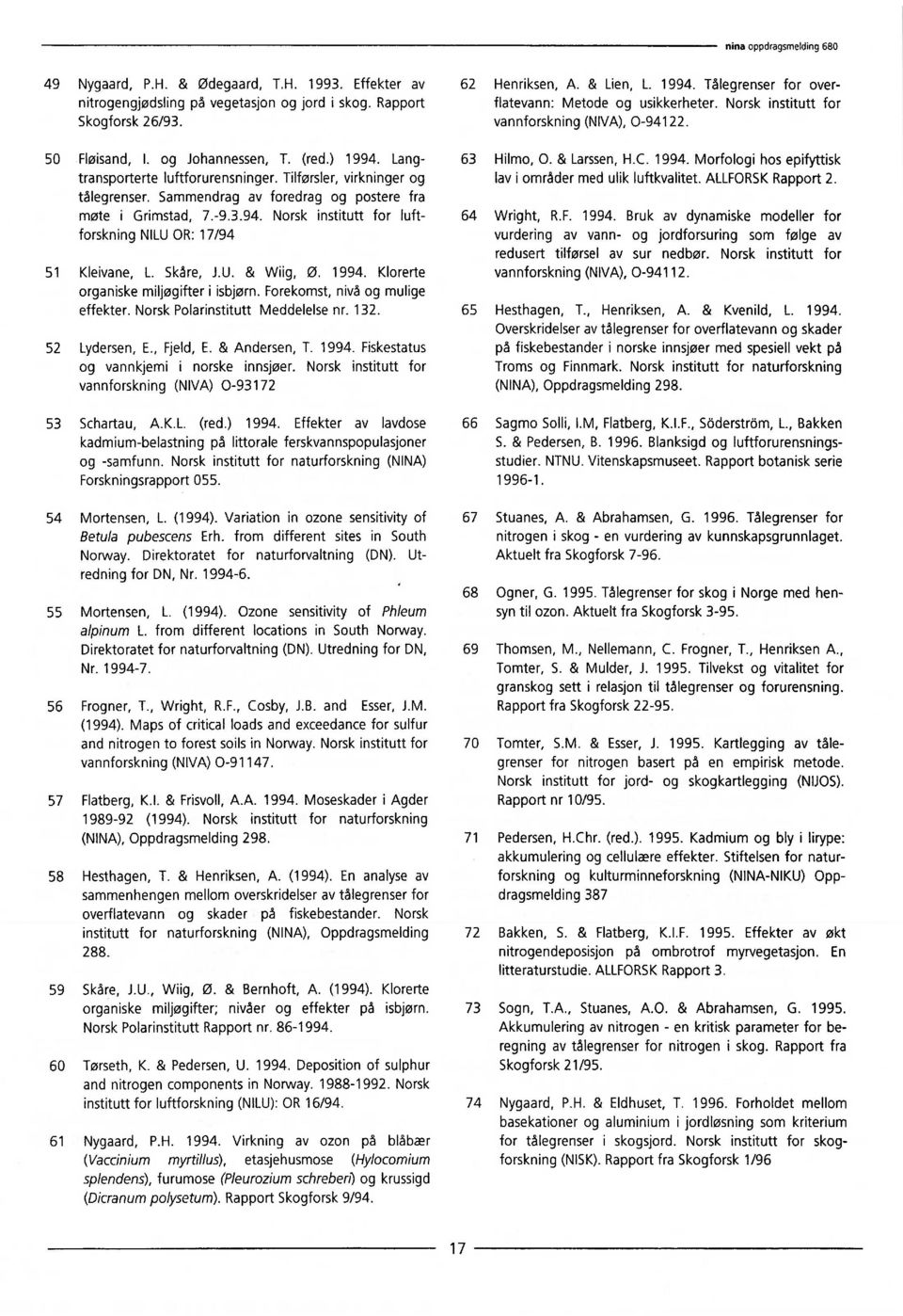 Norsk institutt for luftforskning NILU OR: 17/94 51 Kleivane, L. Skåre, J.U. & Wiig, Ø. 1994. Klorerte organiske miljøgifter i isbjørn. Forekomst, nivå og mulige effekter.