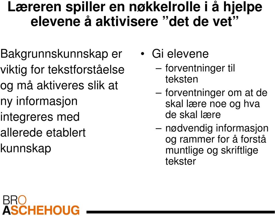 etablert kunnskap Gi elevene forventninger til teksten forventninger om at de skal lære noe