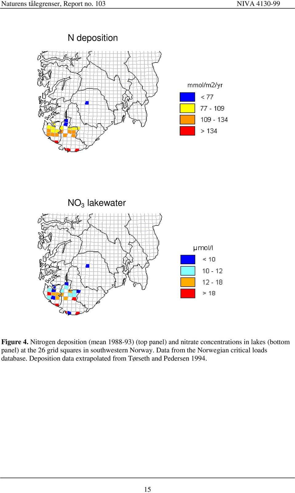 in lakes (bottom panel) at the 26 grid squares in southwestern Norway.