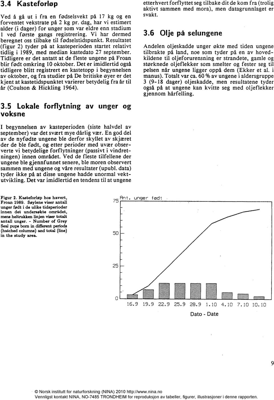 Resultatet (figur 2) tyder på at kasteperioden startet relativt tidlig i 1989, med median kastedato 27 september. Tidligere er det antatt at de fleste ungene på Froan blir født omkring 10 oktober.