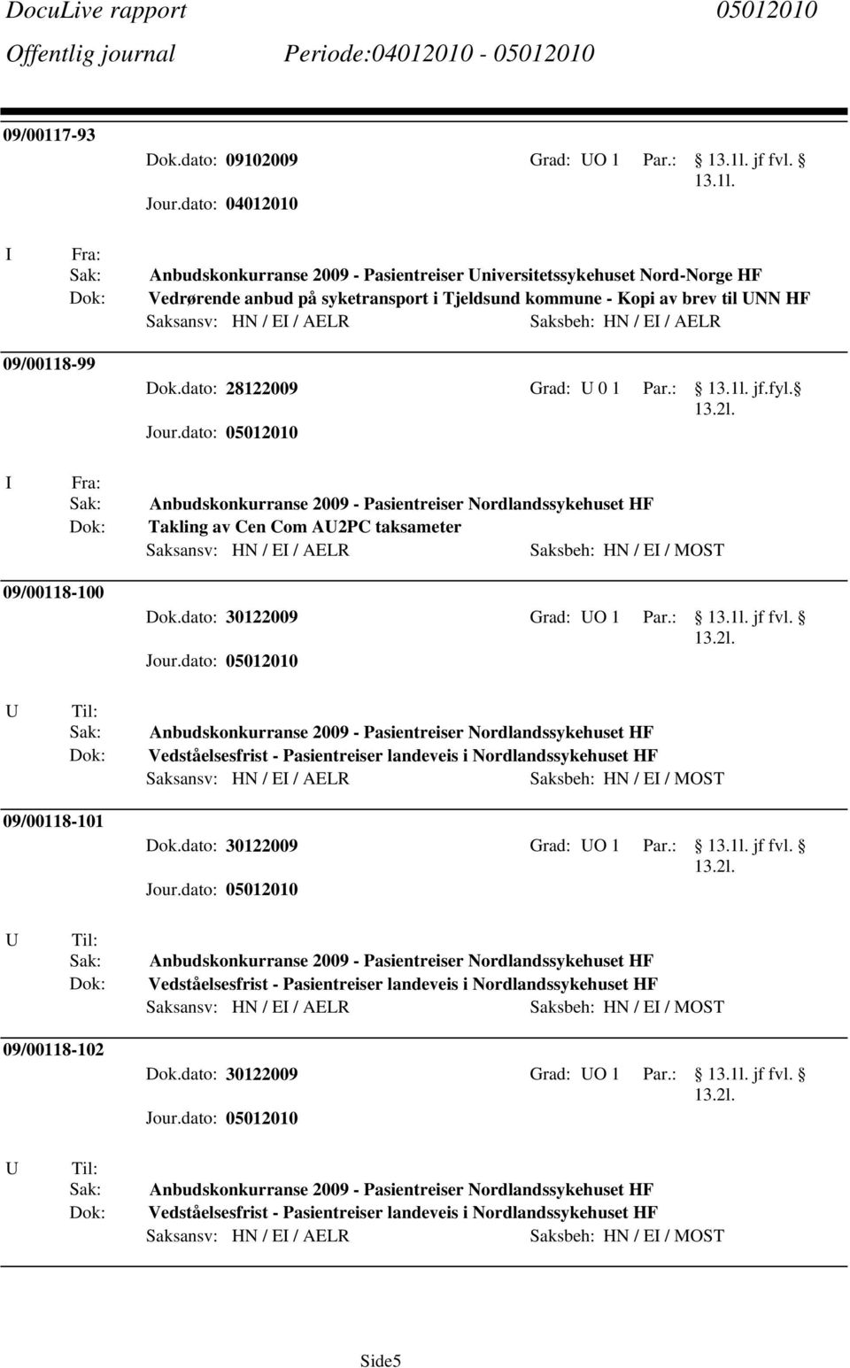 I Fra: Anbudskonkurranse 2009 - Pasientreiser Universitetssykehuset Nord-Norge HF Vedrørende anbud på syketransport i Tjeldsund kommune - Kopi av brev til UNN HF Saksbeh: HN / EI / AELR 09/00118-99
