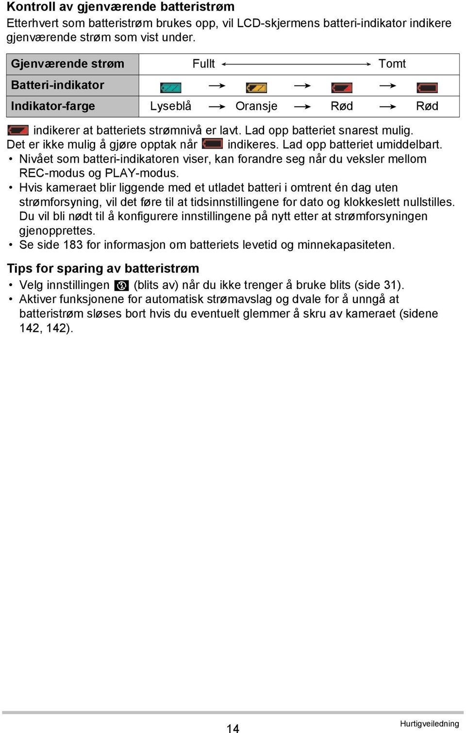 Det er ikke mulig å gjøre opptak når indikeres. Lad opp batteriet umiddelbart. Nivået som batteri-indikatoren viser, kan forandre seg når du veksler mellom REC-modus og PLAY-modus.