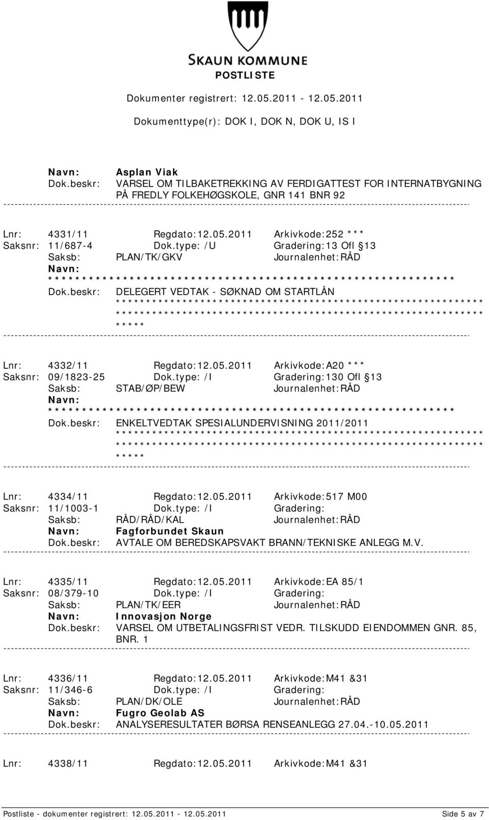 type: /I Gradering:130 Ofl 13 ENKELTVEDTAK SPESIALUNDERVISNING 2011/2011 Lnr: 4334/11 Regdato:12.05.2011 Arkivkode:517 M00 Saksnr: 11/1003-1 Dok.