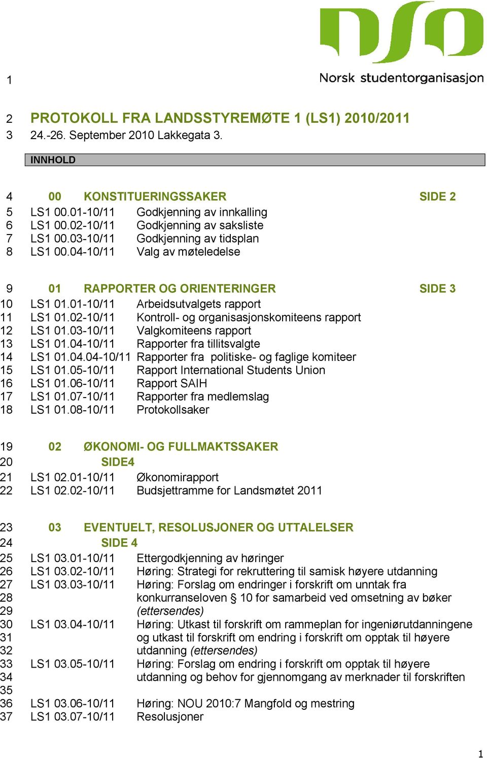 01-10/11 Arbeidsutvalgets rapport LS1 01.02-10/11 Kontroll- og organisasjonskomiteens rapport LS1 01.03-10/11 Valgkomiteens rapport LS1 01.04-