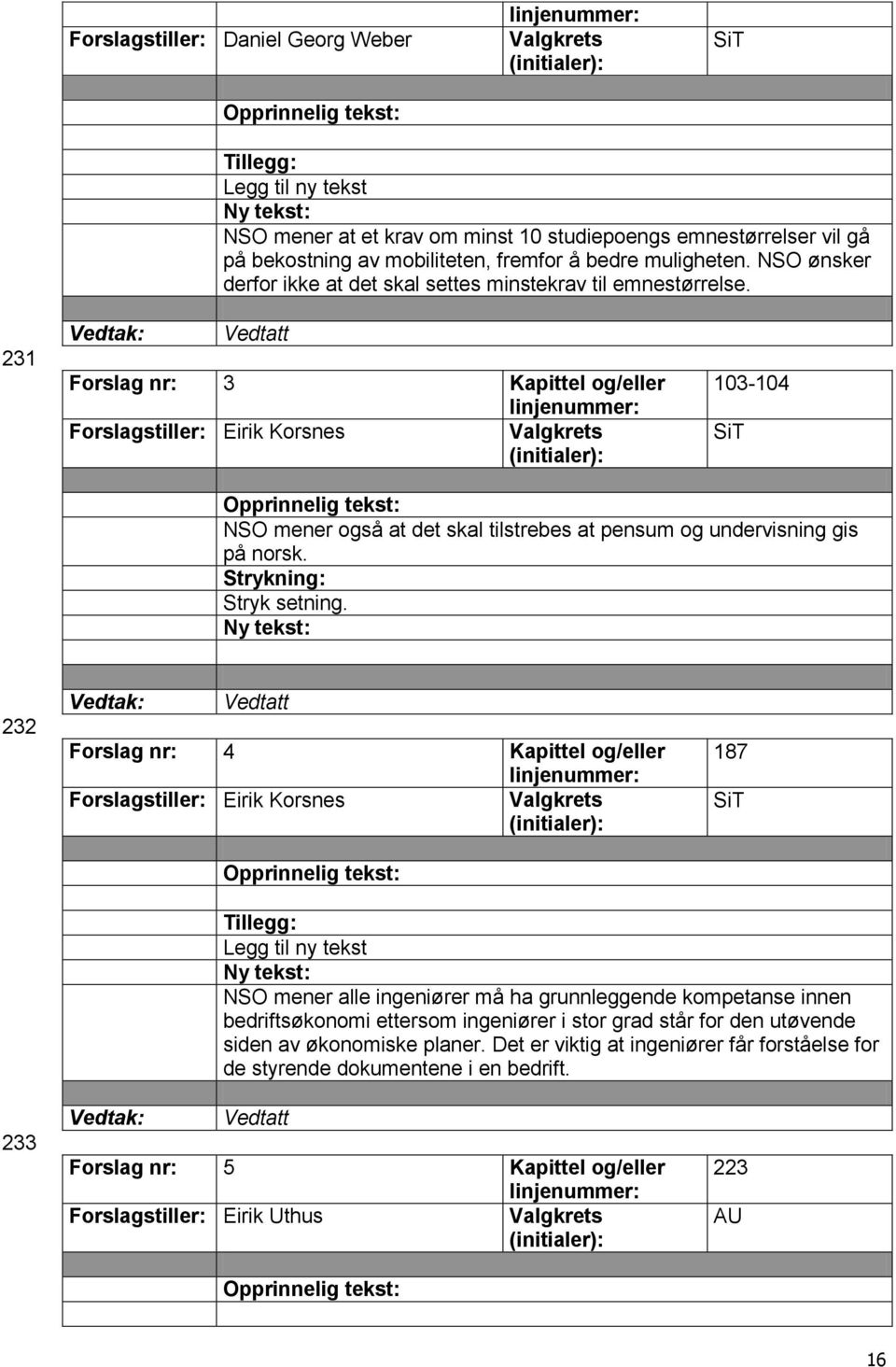 231 Forslag nr: 3 Kapittel og/eller Forslagstiller: Eirik Korsnes 103-104 SiT NSO mener også at det skal tilstrebes at pensum og undervisning gis på norsk. Strykning: Stryk setning.