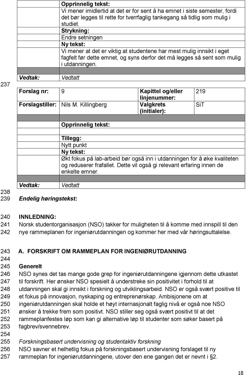 237 Forslag nr: 9 Kapittel og/eller Forslagstiller: Nils M. Killingberg 219 SiT Tillegg: Nytt punkt Økt fokus på lab-arbeid bør også inn i utdanningen for å øke kvaliteten og reduserer frafallet.