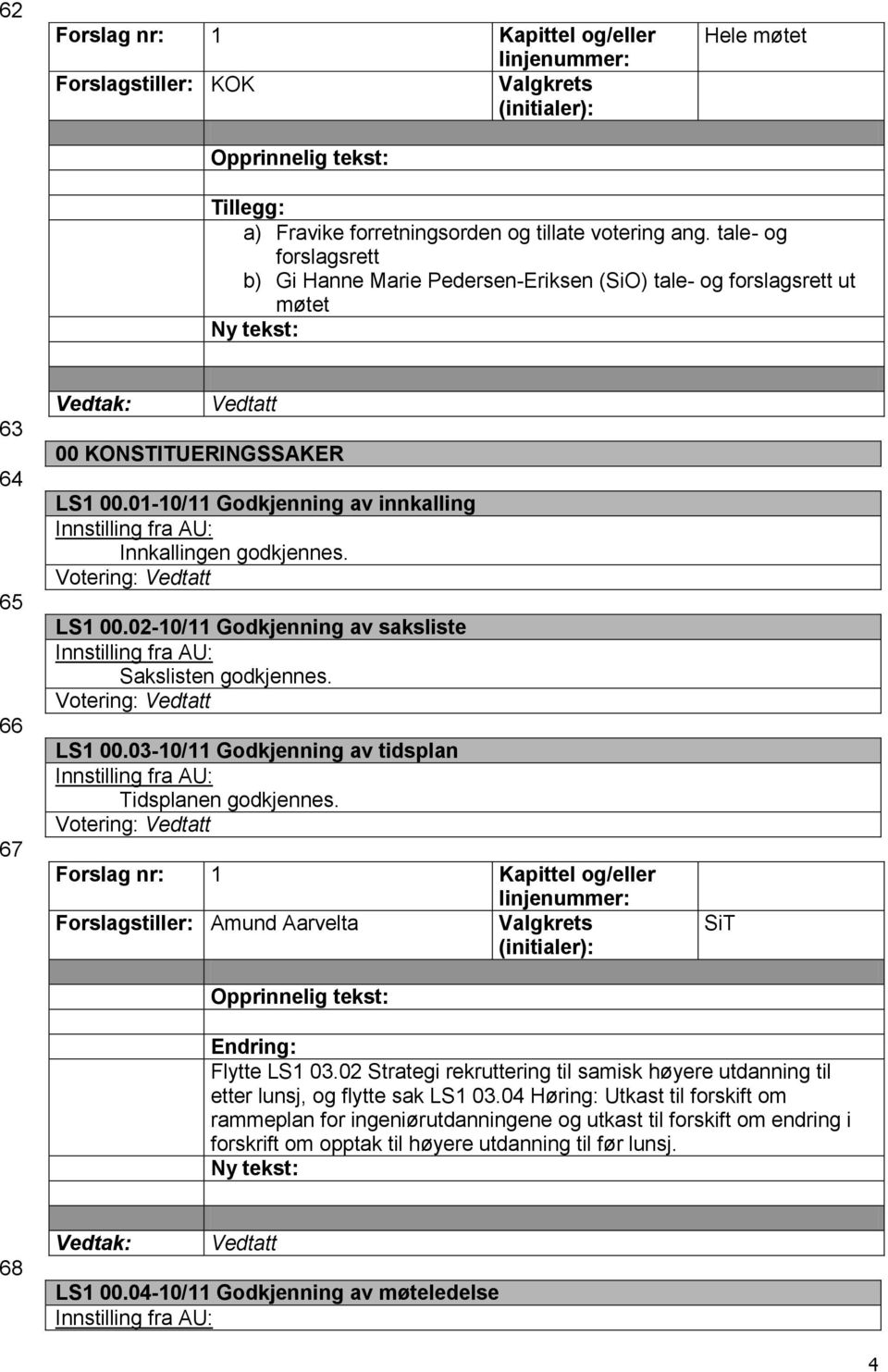 Votering: LS1 00.02-10/11 Godkjenning av saksliste Sakslisten godkjennes. Votering: LS1 00.03-10/11 Godkjenning av tidsplan Tidsplanen godkjennes.