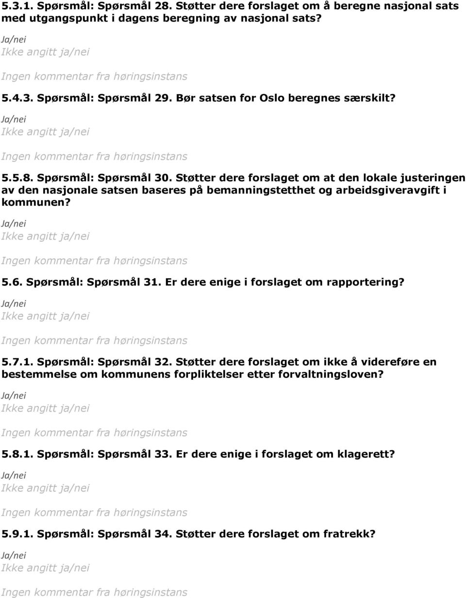 Støtter dere forslaget om at den lokale justeringen av den nasjonale satsen baseres på bemanningstetthet og arbeidsgiveravgift i kommunen? 5.6. Spørsmål: Spørsmål 31.