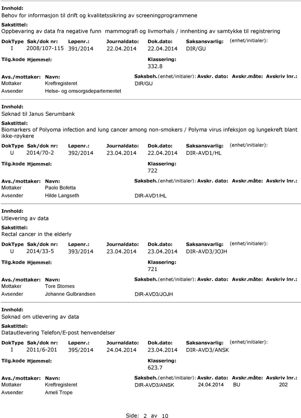 8 DR/G Helse- og omsorgsdepartementet Søknad til Janus Serumbank Biomarkers of Polyoma infection and lung cancer among non-smokers / Polyma virus infeksjon og lungekreft blant ikke-røykere 2014/70-2