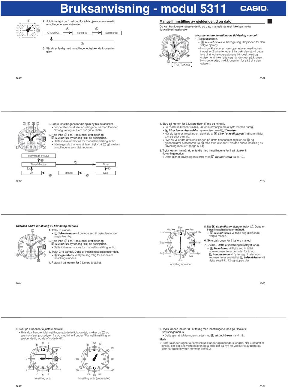 TYO (TOKYO) Hvordan endre innstilling av tidvisning manuelt 1. Trekk ut kronen. x Sekundviseren vil bevege seg til bykoden for den valgte hjemby.