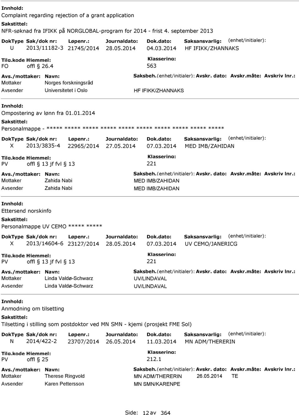 01.2014 Personalmappe - ***** ***** ***** ***** ***** ***** ***** ***** ***** ***** 2013/3835-4 22965/2014 07.03.2014 MED MB/ZAHDAN Avs./mottaker: Navn: Saksbeh. Avskr. dato: Avskr.måte: Avskriv lnr.