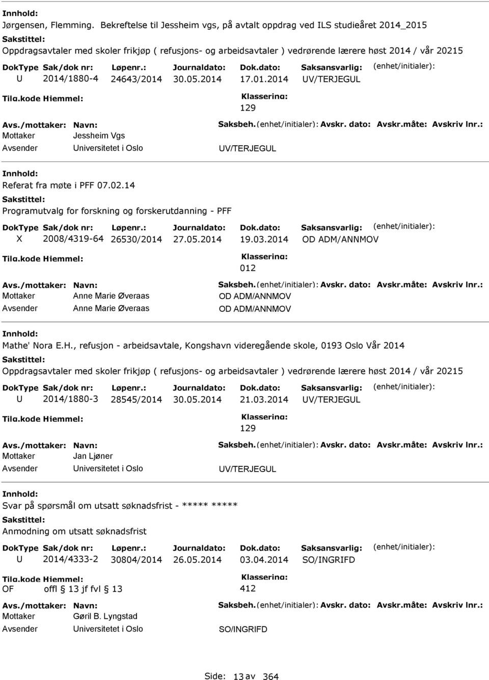 24643/2014 17.01.2014 V/TERJEGL 129 Avs./mottaker: Navn: Saksbeh. Avskr. dato: Avskr.måte: Avskriv lnr.: Mottaker Jessheim Vgs niversitetet i Oslo V/TERJEGL Referat fra møte i PFF 07.02.