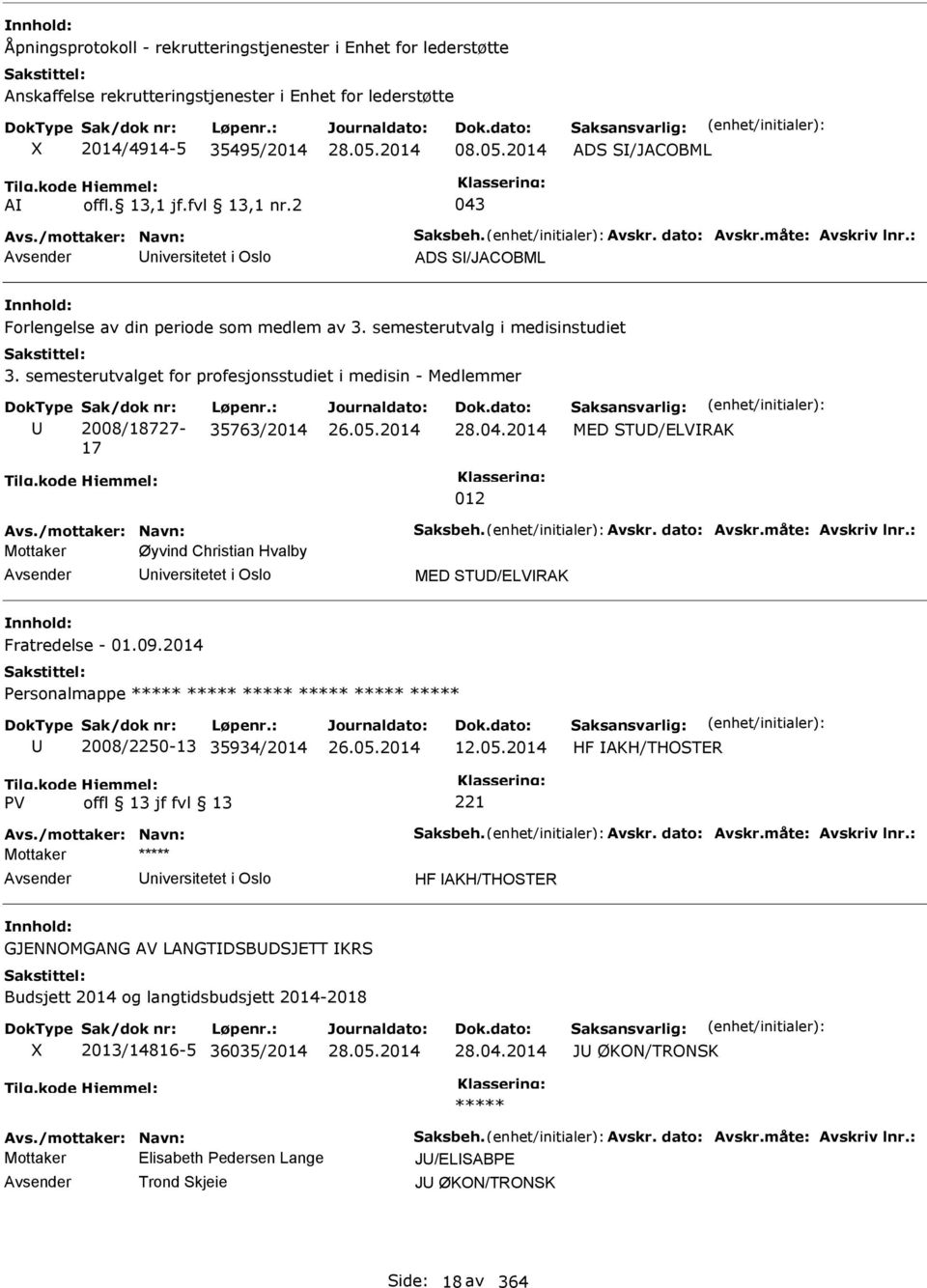 semesterutvalget for profesjonsstudiet i medisin - Medlemmer 2008/18727-17 35763/2014 28.04.2014 MED STD/ELVRAK 012 Avs./mottaker: Navn: Saksbeh. Avskr. dato: Avskr.måte: Avskriv lnr.