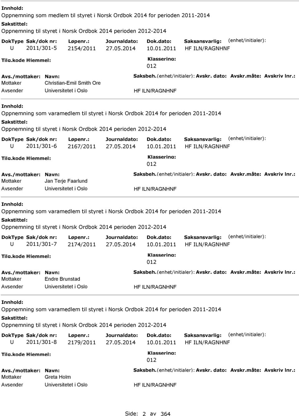 : Mottaker Christian-Emil Smith Ore niversitetet i Oslo HF LN/RAGNHNF Oppnemning som varamedlem til styret i Norsk Ordbok 2014 for perioden 2011-2014 Oppnemning til styret i Norsk Ordbok 2014