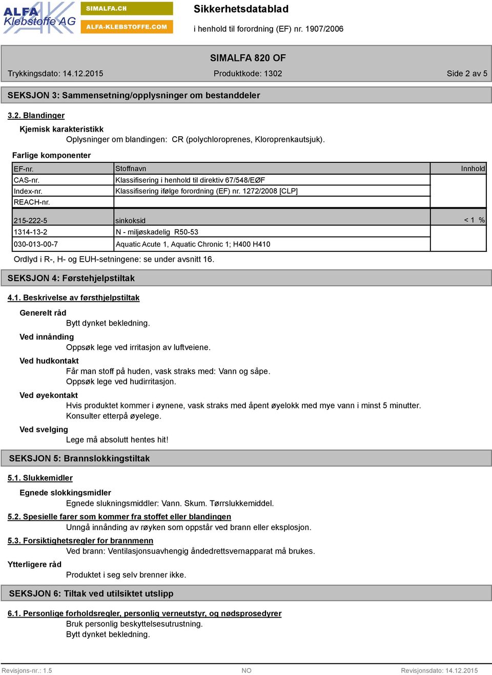 1272/2008 [CLP] Innhold 215-222-5 sinkoksid < 1 % 1314-13-2 030-013-00-7 N - miljøskadelig R50-53 Aquatic Acute 1, Aquatic Chronic 1; H400 H410 Ordlyd i R-, H- og EUH-setningene: se under avsnitt 16.