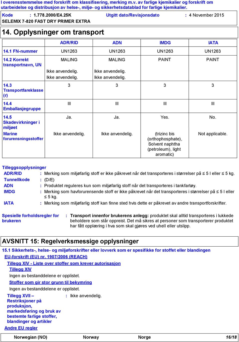 (trizinc bis (orthophosphate), Solvent naphtha (petroleum), light aromatic) UN1263 PAINT 3 III No. Not applicable.