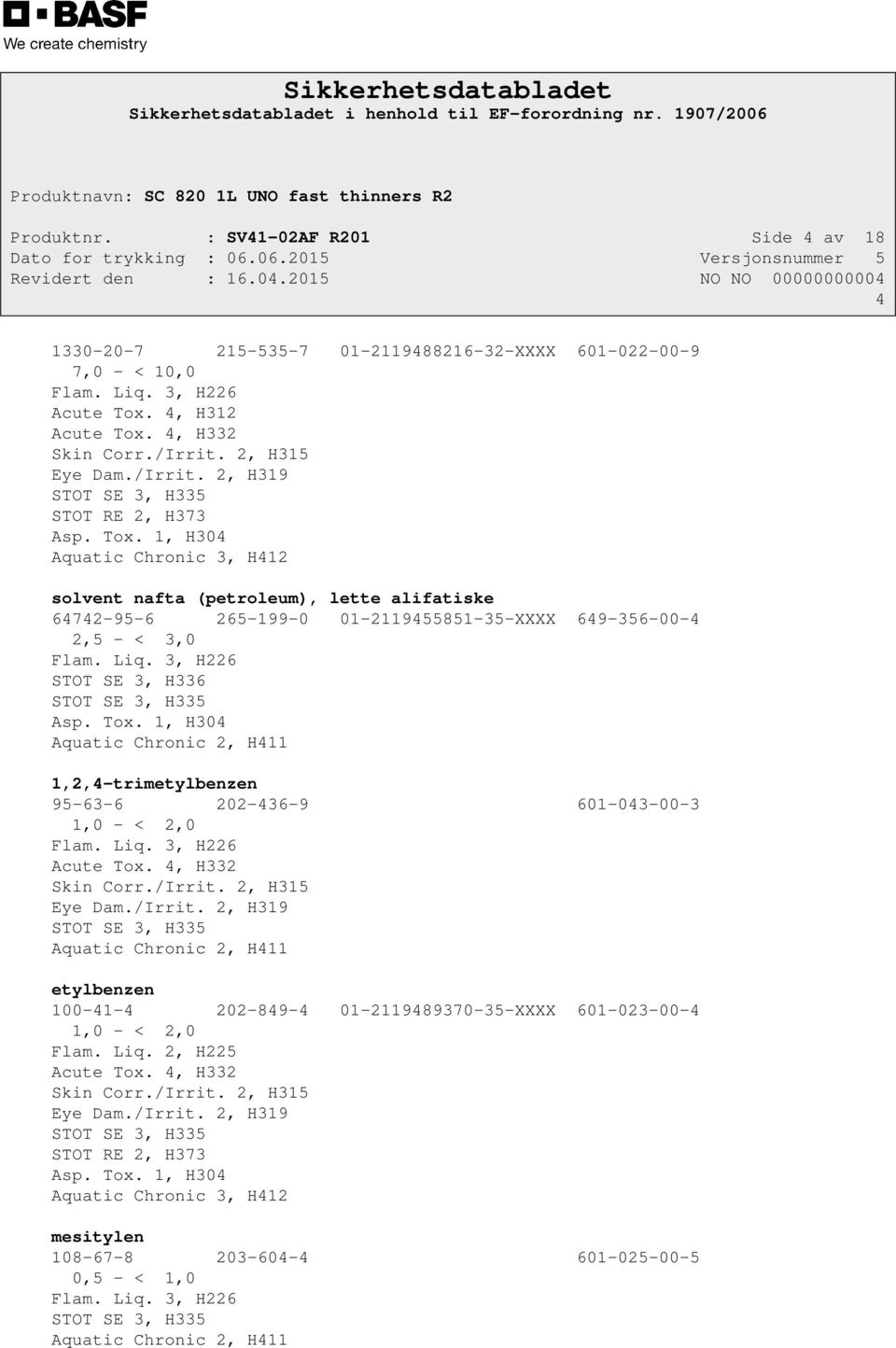 1, H304 Aquatic Chronic 3, H412 solvent nafta (petroleum), lette alifatiske 64742-95-6 265-199-0 01-2119455851-35-XXXX 649-356-00-4 2,5 - < 3,0 Flam. Liq. 3, H226 STOT SE 3, H336 STOT SE 3, H335 Asp.
