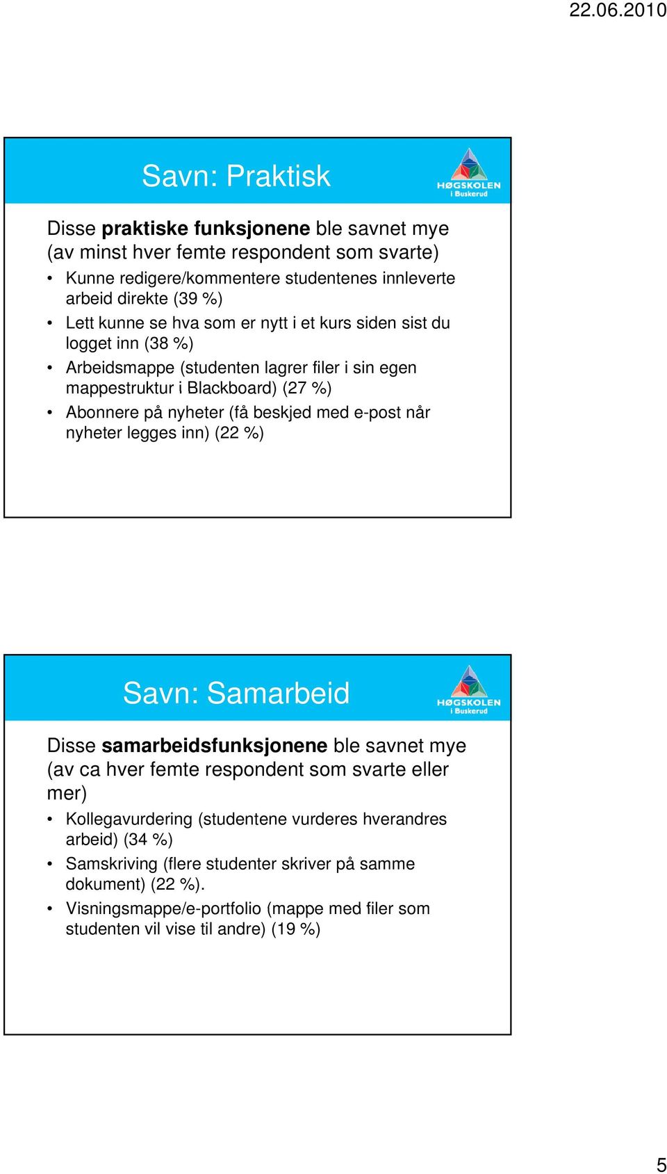 e-post når nyheter legges inn) (22 %) Savn: Samarbeid Disse samarbeidsfunksjonene ble savnet mye (av ca hver femte respondent som svarte eller mer) Kollegavurdering (studentene