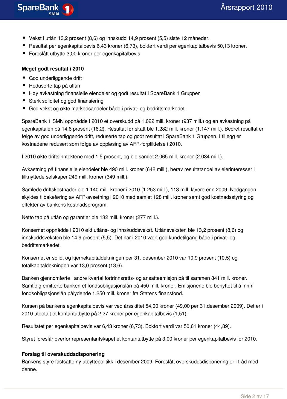 Gruppen Sterk soliditet og god finansiering God vekst og økte markedsandeler både i privat- og bedriftsmarkedet SpareBank 1 SMN oppnådde i 2010 et overskudd på 1.022 mill. kroner (937 mill.