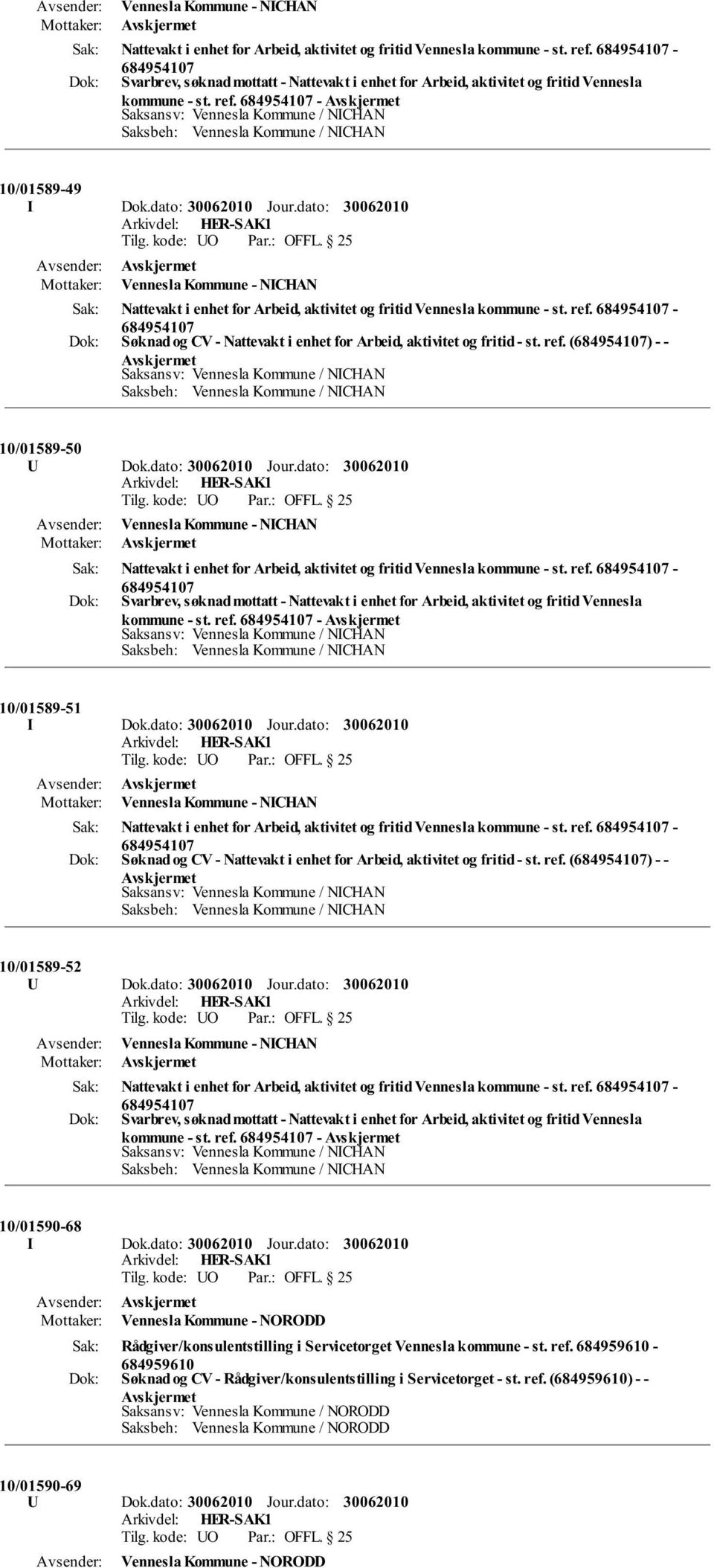 684954107 - Saksansv: Vennesla Kommune / NICHAN Saksbeh: Vennesla Kommune / NICHAN 10/01589-49 I Dok.dato: Jour.