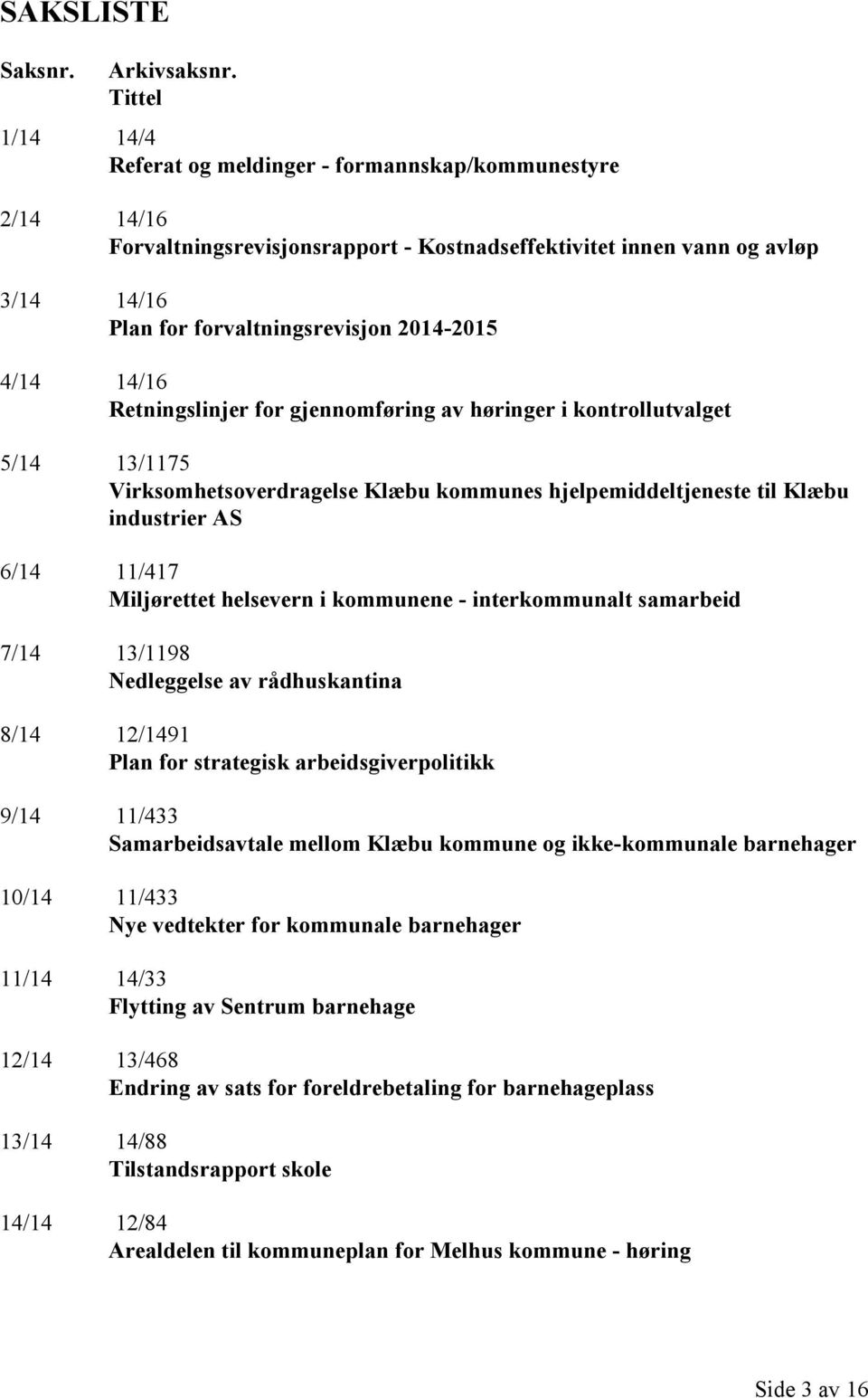 4/14 14/16 Retningslinjer for gjennomføring av høringer i kontrollutvalget 5/14 13/1175 Virksomhetsoverdragelse Klæbu kommunes hjelpemiddeltjeneste til Klæbu industrier AS 6/14 11/417 Miljørettet