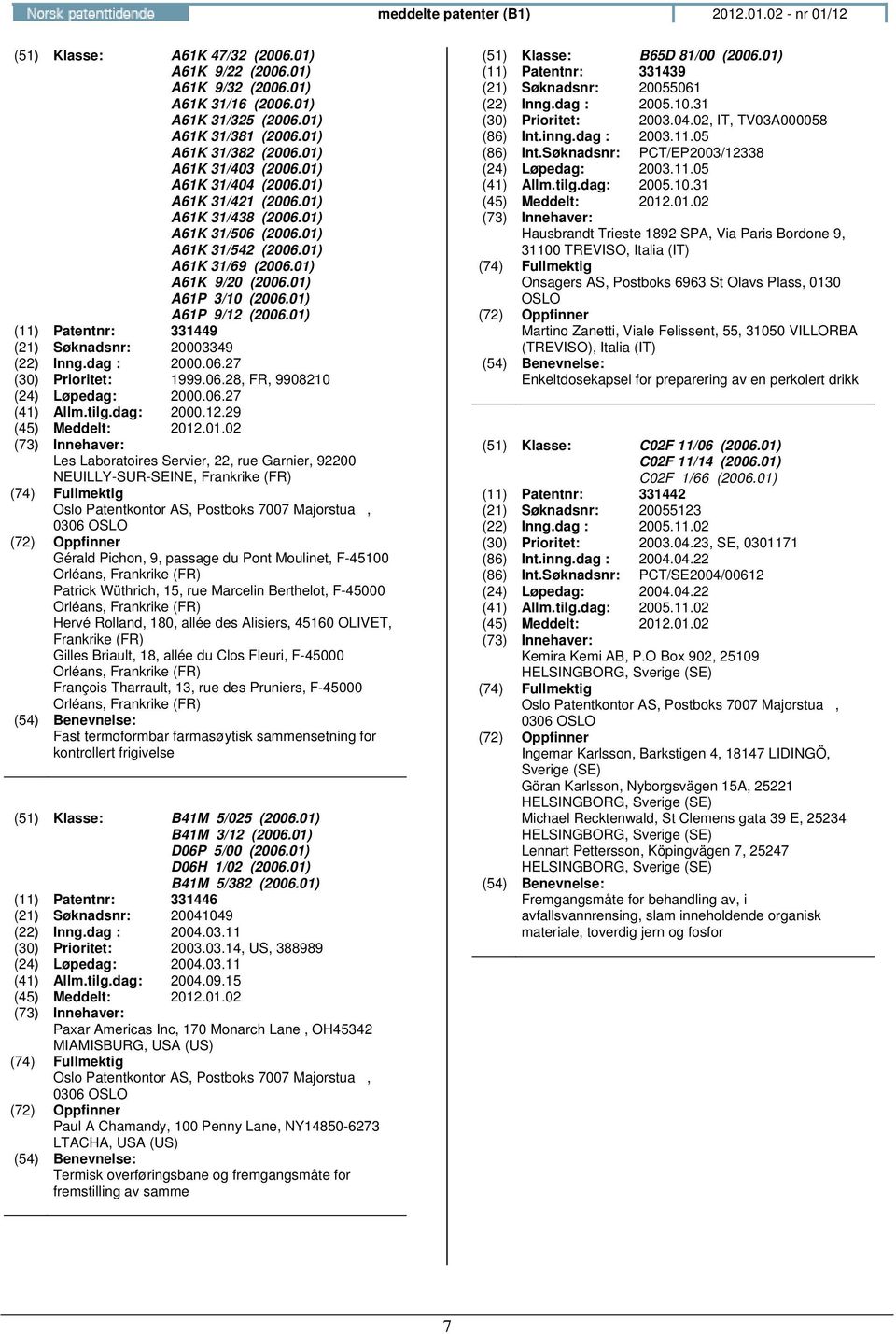 01) A61P 3/10 (2006.01) A61P 9/12 (2006.01) (11) Patentnr: 331449 (21) Søknadsnr: 20003349 (22) Inng.dag : 2000.06.27 (30) Prioritet: 1999.06.28, FR, 9908210 (24) Løpedag: 2000.06.27 (41) Allm.tilg.