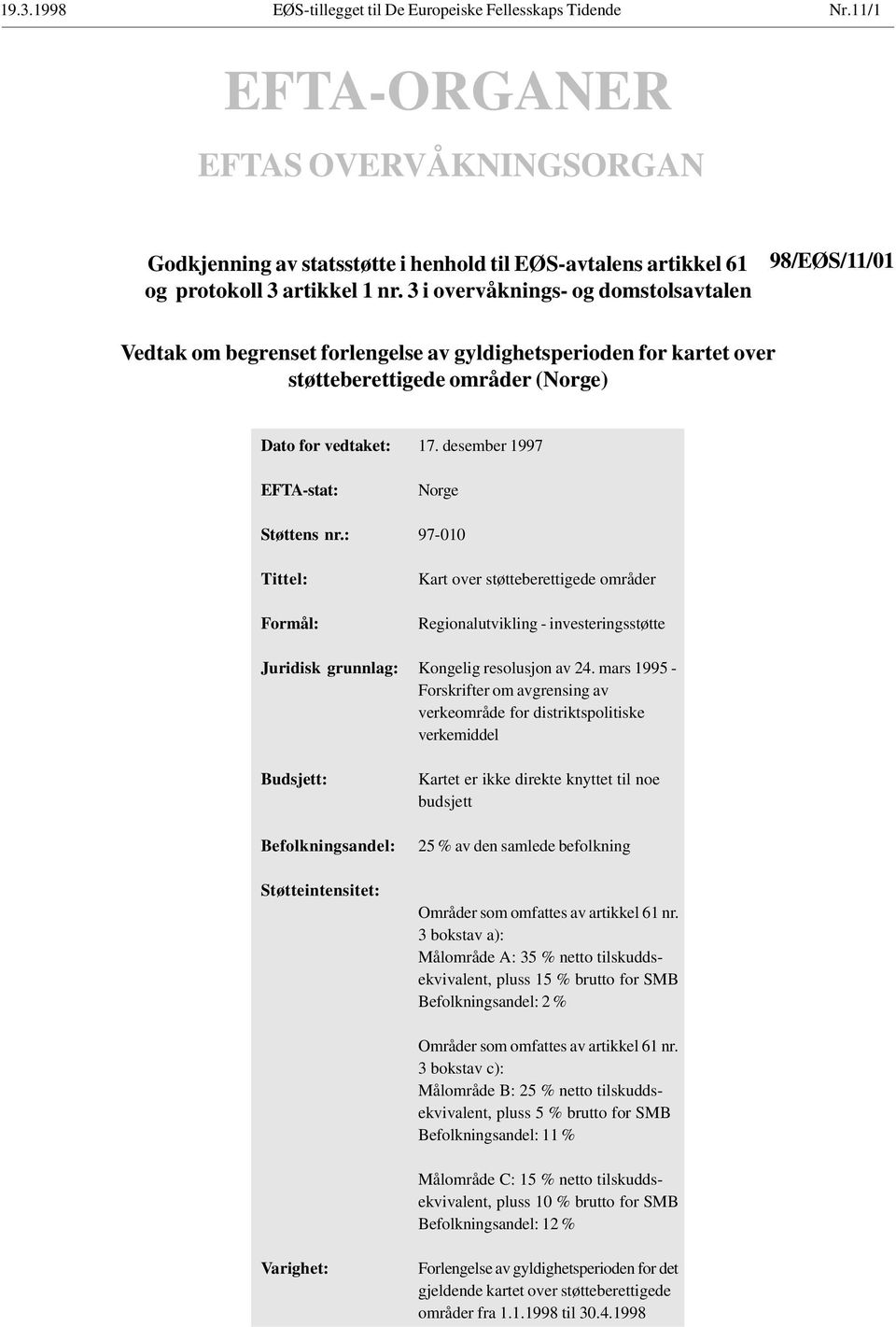 3 i overvåknings- og domstolsavtalen 98/EØS/11/01 Vedtak om begrenset forlengelse av gyldighetsperioden for kartet over støtteberettigede områder (Norge) Dato for vedtaket: 17.