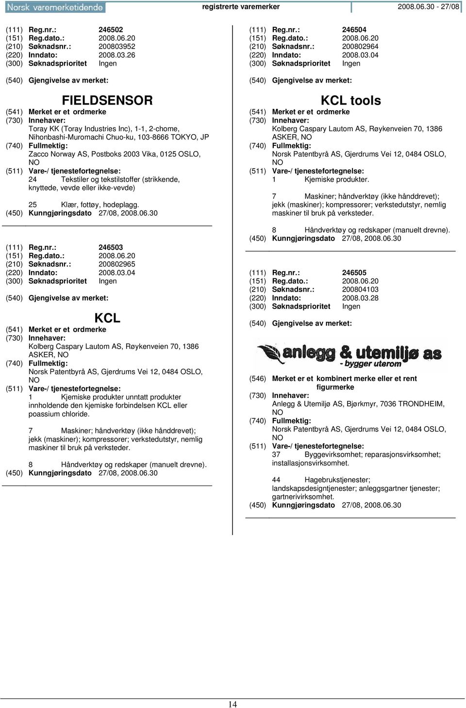 26 FIELDSENSOR Toray KK (Toray Industries Inc), 1-1, 2-chome, Nihonbashi-Muromachi Chuo-ku, 103-8666 TOKYO, JP Zacco Norway AS, Postboks 2003 Vika, 0125 OSLO, 24 Tekstiler og tekstilstoffer