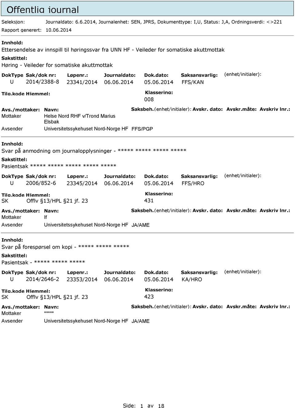 Mottaker Helse Nord RHF v/trond Marius Elsbak niversitetssykehuset Nord-Norge HF FFS/PGP Svar på anmodning om journalopplysninger - ***** ***** ***** ***** 2006/852-6