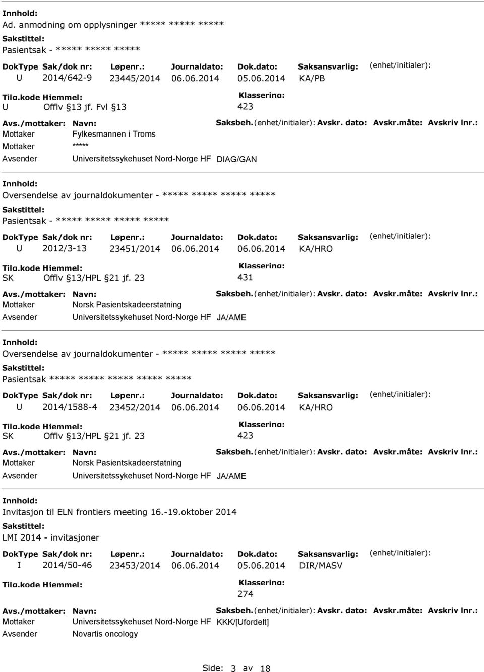 Oversendelse av journaldokumenter - ***** ***** ***** ***** 2014/1588-4 23452/2014 Mottaker Norsk Pasientskadeerstatning niversitetssykehuset Nord-Norge HF JA/AME nvitasjon