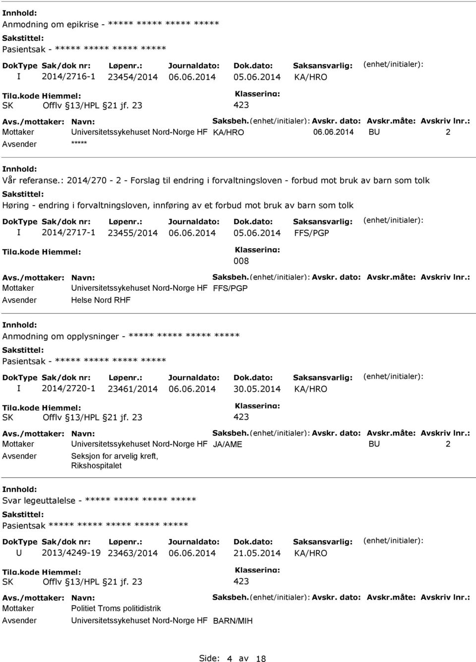 23455/2014 FFS/PGP 008 Mottaker niversitetssykehuset Nord-Norge HF FFS/PGP Helse Nord RHF Anmodning om opplysninger - ***** ***** ***** ***** ***** 2014/2720-1 23461/2014 30.05.