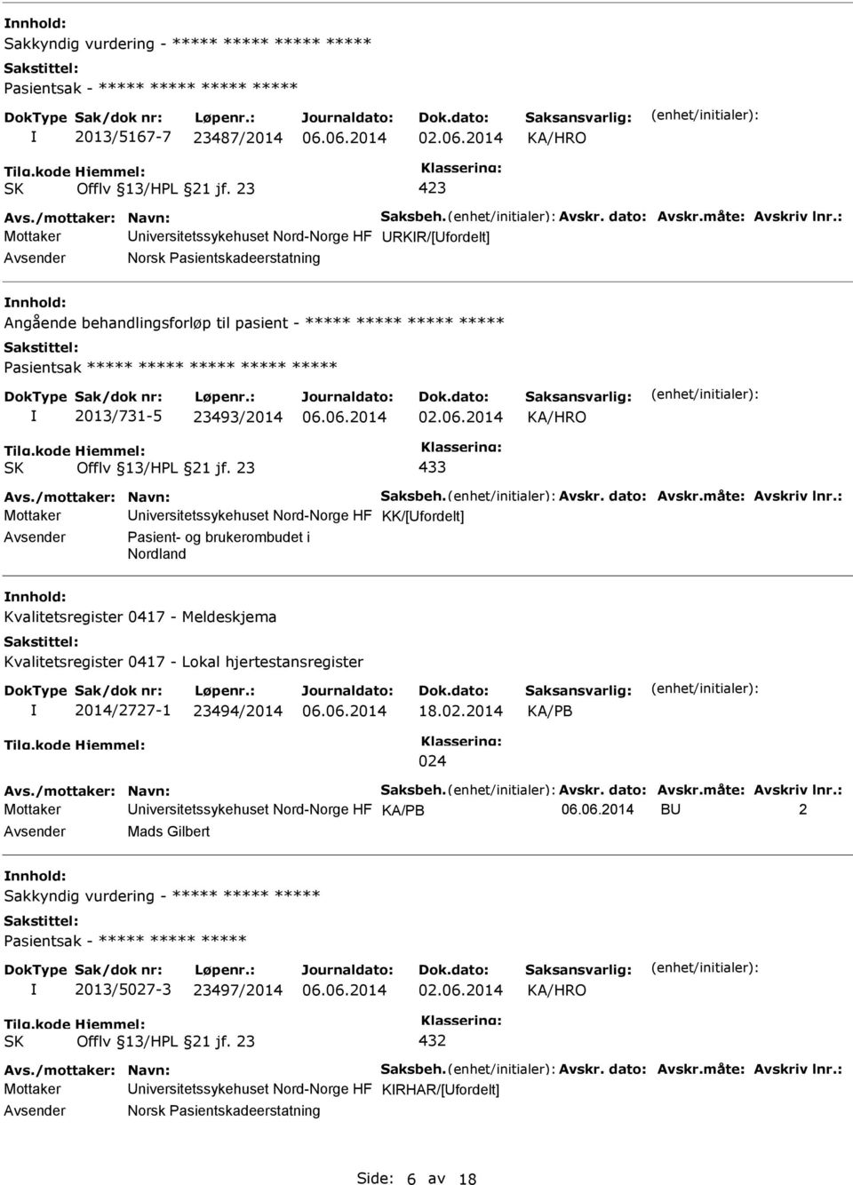 2014 433 Mottaker niversitetssykehuset Nord-Norge HF KK/[fordelt] Pasient- og brukerombudet i Nordland Kvalitetsregister 0417 - Meldeskjema Kvalitetsregister 0417 - Lokal