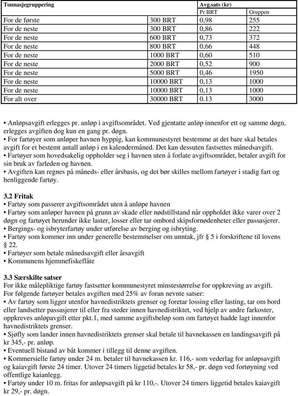 0,52 900 For de neste 5000 BRT 0,46 1950 For de neste 10000 BRT 0,13 1000 For de neste 10000 BRT 0,13 1000 For alt over 30000 BRT 0.13 3000 Anløpsavgift erlegges pr. anløp i avgiftsområdet.