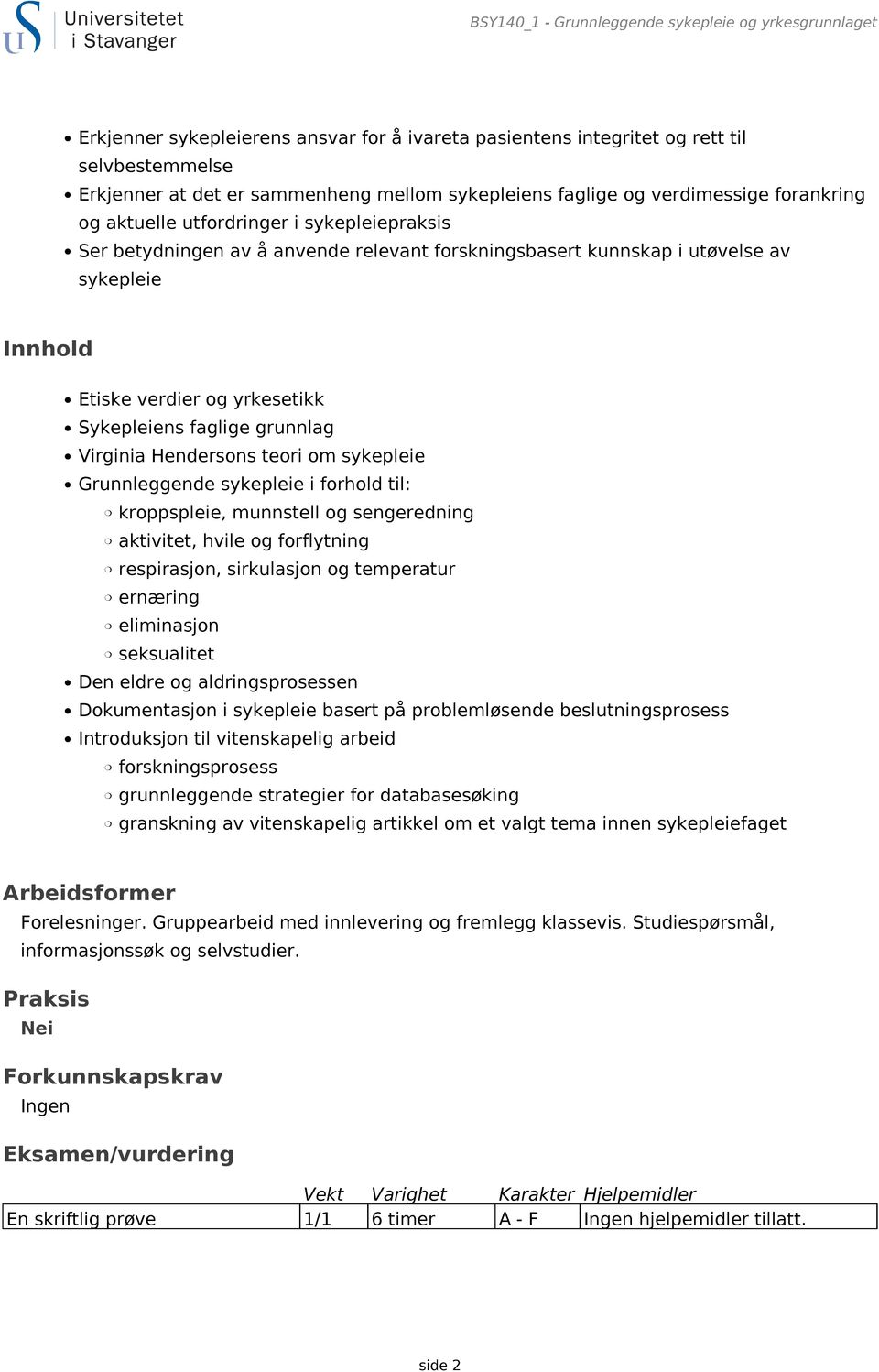 yrkesetikk Sykepleiens faglige grunnlag Virginia Hendersons teori om sykepleie Grunnleggende sykepleie i forhold til: kroppspleie, munnstell og sengeredning aktivitet, hvile og forflytning