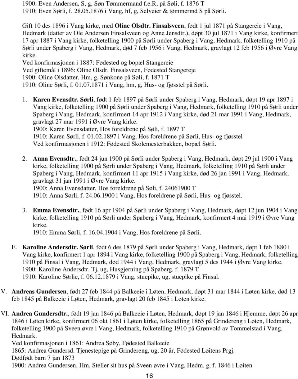 ), døpt 30 jul 1871 i Vang kirke, konfirmert 17 apr 1887 i Vang kirke, folketelling 1900 på Sørli under Spaberg i Vang, Hedmark, folketelling 1910 på Sørli under Spaberg i Vang, Hedmark, død 7 feb