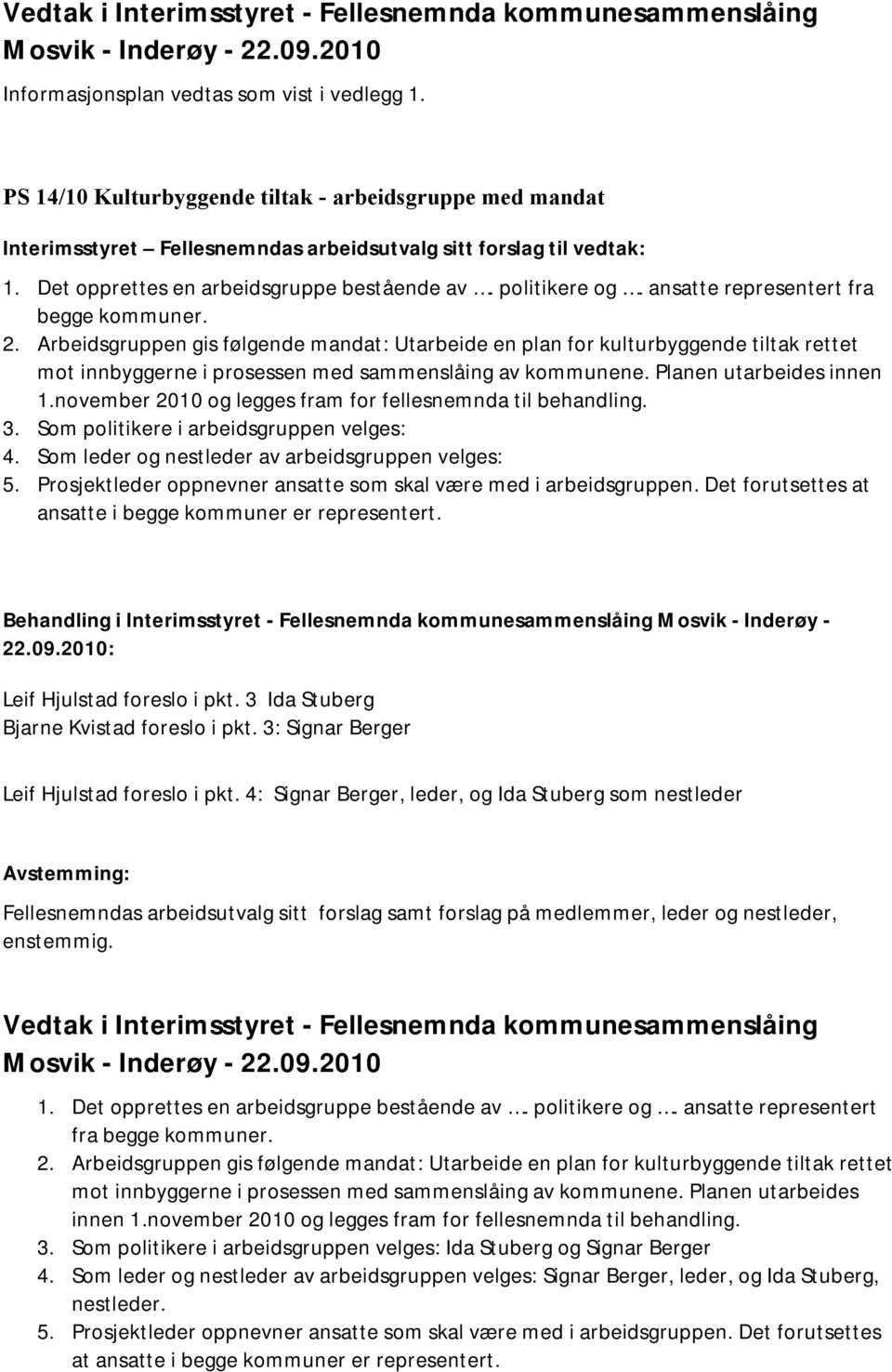 Planen utarbeides innen 1.november 2010 og legges fram for fellesnemnda til behandling. 3. Som politikere i arbeidsgruppen velges: 4. Som leder og nestleder av arbeidsgruppen velges: 5.