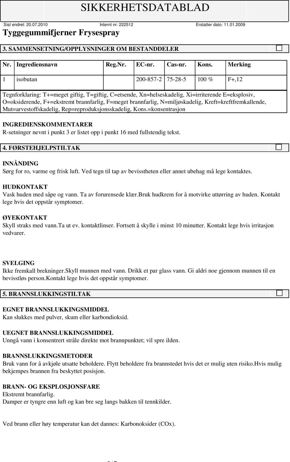 brannfarlig, N=miljøskadelig, Kreft=kreftfremkallende, Mut=arvestoffskadelig, Rep=reproduksjonsskadelig, Kons.