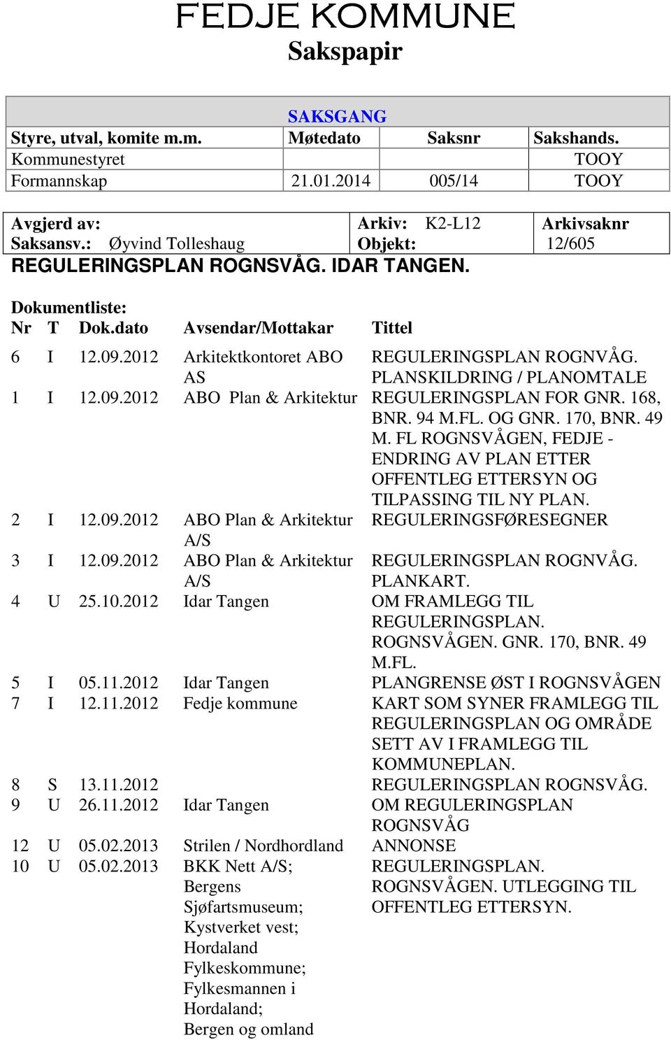 2012 Arkitektkontoret ABO AS REGULERINGSPLAN ROGNVÅG. PLANSKILDRING / PLANOMTALE 1 I 12.09.2012 ABO Plan & Arkitektur REGULERINGSPLAN FOR GNR. 168, BNR. 94 M.FL. OG GNR. 170, BNR. 49 M.