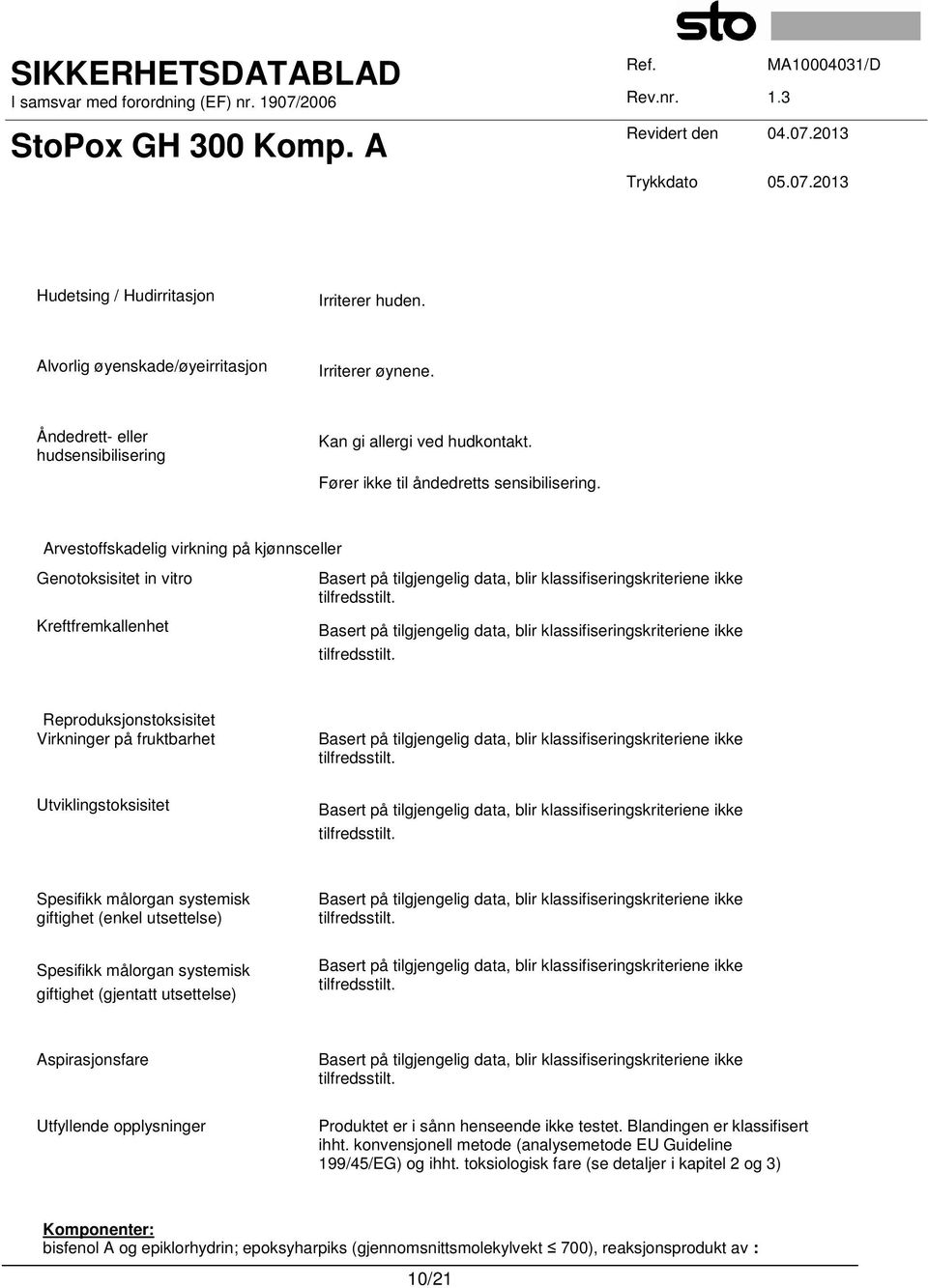 Arvestoffskadelig virkning på kjønnsceller Genotoksisitet in vitro Kreftfremkallenhet Basert på tilgjengelig data, blir klassifiseringskriteriene ikke tilfredsstilt.