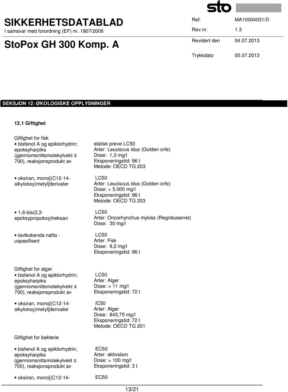 epoksypropoksy)heksan lavtkokende nafta - uspesifisert statisk prøve LC50 Arter: Leuciscus idus (Golden orfe) Dose: 1,3 mg/l Eksponeringstid: 96 t Metode: OECD TG 203 LC50 Arter: Leuciscus idus