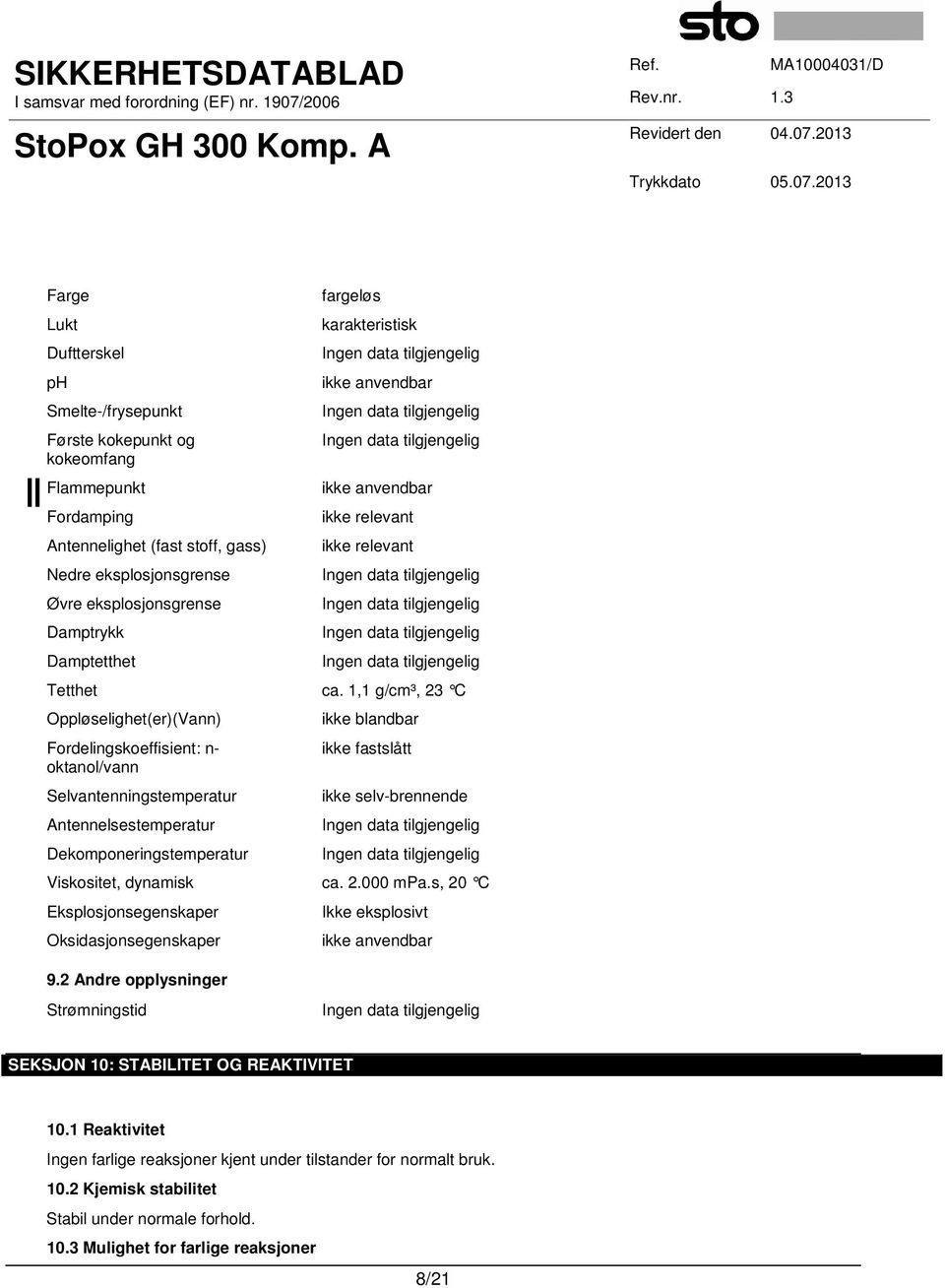 1,1 g/cm³, 23 C Oppløselighet(er)(Vann) Fordelingskoeffisient: n- oktanol/vann Selvantenningstemperatur Antennelsestemperatur Dekomponeringstemperatur ikke blandbar ikke fastslått ikke selv-brennende