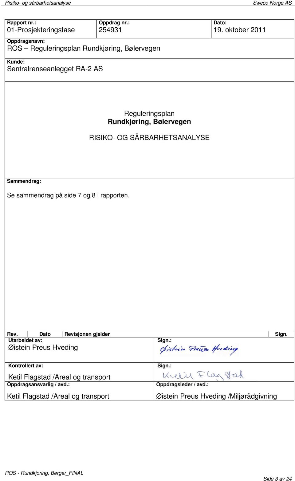 RISIKO- OG SÅRBARHETSANALYSE Sammendrag: Se sammendrag på side 7 og 8 i rapporten. Rev. Dato Revisjonen gjelder Sign. Utarbeidet av: Sign.