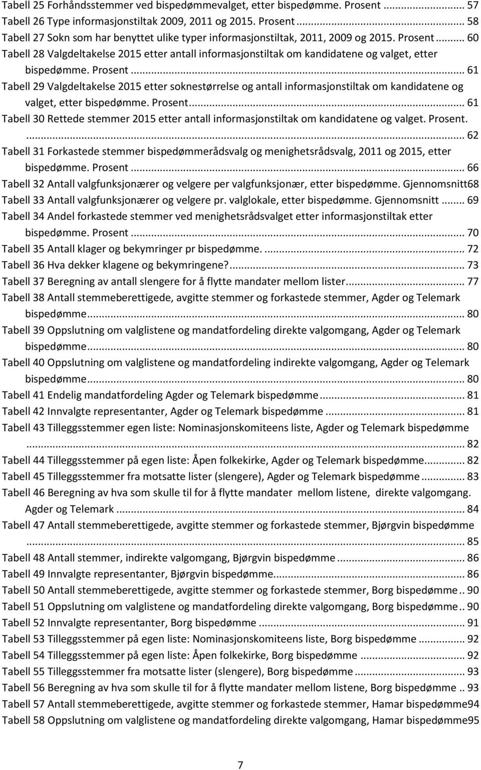 .. 61 Tabell 29 Valgdeltakelse 2015 etter soknestørrelse og antall informasjonstiltak om kandidatene og valget, etter bispedømme. Prosent.