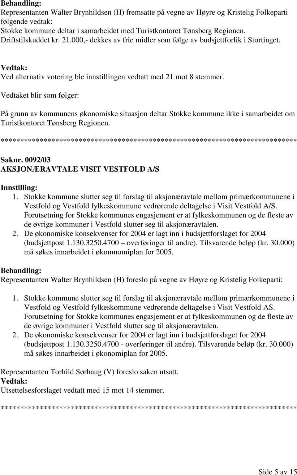 Vedtaket blir som følger: På grunn av kommunens økonomiske situasjon deltar Stokke kommune ikke i samarbeidet om Turistkontoret Tønsberg Regionen. Saknr. 0092/03 AKSJONÆRAVTALE VISIT VESTFOLD A/S 1.